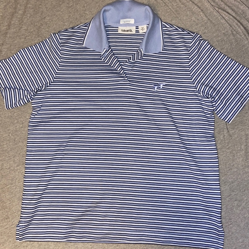 Woman’s Golf Ashworth blue and white stripped polo tee